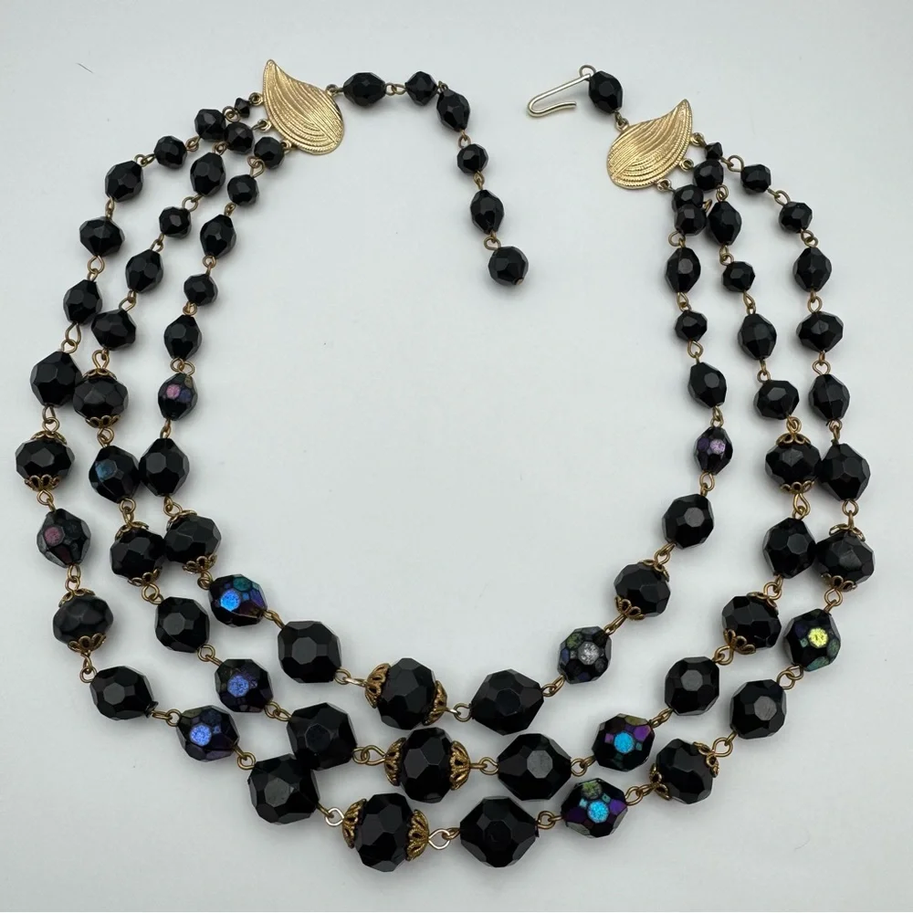 Vintage West Germany Multi-Strand Black Faceted Bead Necklace | Signed